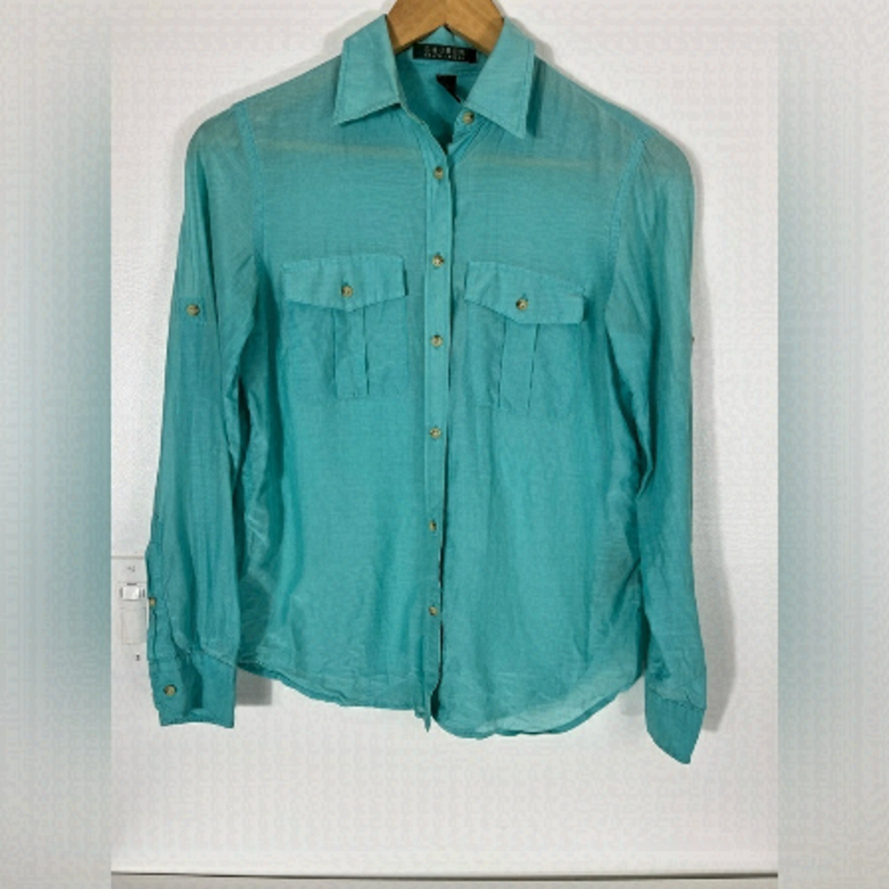 LAUREN Ralph Lauren Cotton Silk Blend Button Up Womens Size XS Blue Shirt Top
